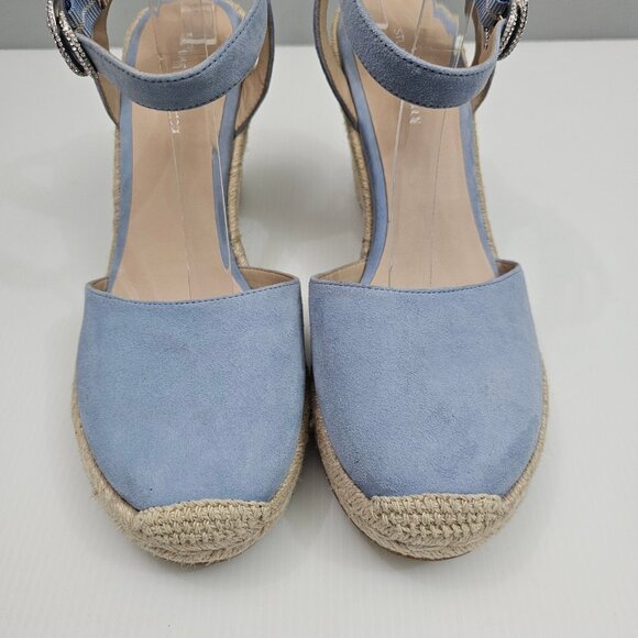 Stuart Weitzman Crystal Buckle Wedge Womens 10 Cornflower Blue Suede Espadrille - Picture 9 of 16
